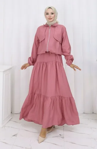 بدلة من قطعتين بأكمام مرنة وسحاب 0129-23 وردي غامق مغبر 0129-23