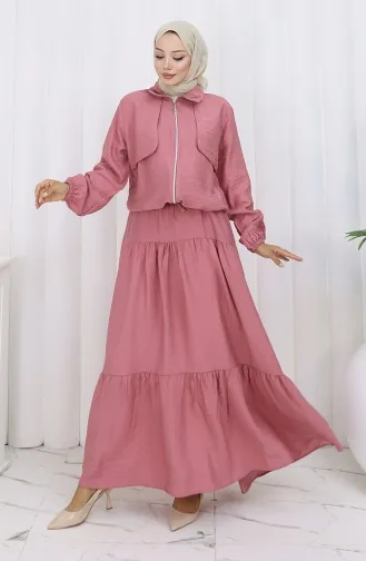 بدلة من قطعتين بأكمام مرنة وسحاب 0129-23 وردي غامق مغبر 0129-23