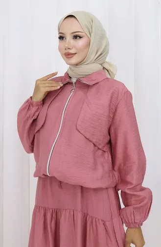 بدلة من قطعتين بأكمام مرنة وسحاب 0129-23 وردي غامق مغبر 0129-23