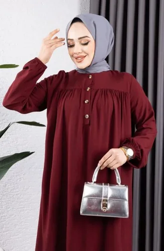 Yarım Düğmeli Viskon Elbise 7103-06 Bordo