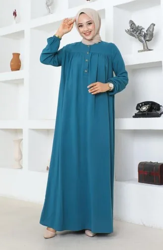 Yarım Düğmeli Viskon Elbise 7103-07 Petrol