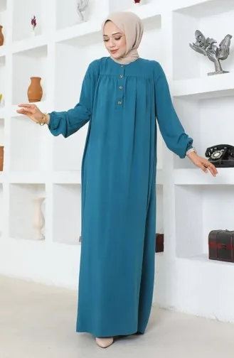 Yarım Düğmeli Viskon Elbise 7103-07 Petrol