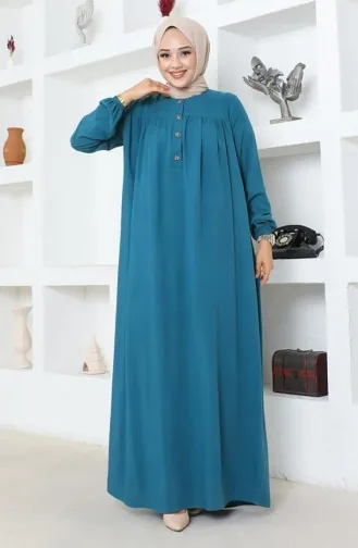 Yarım Düğmeli Viskon Elbise 7103-07 Petrol