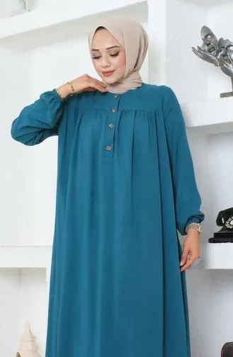 Yarım Düğmeli Viskon Elbise 7103-07 Petrol