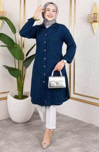 Elastic Sleeve Viscose Tunic 0171-05 Navy Blue 0171-05