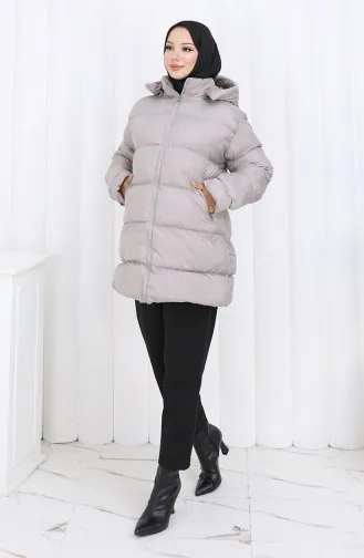معطف قصير منتفخ بغطاء رأس وسحاب 0176-02 رمادي 0176-02