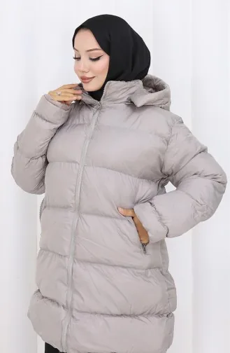 معطف قصير منتفخ بغطاء رأس وسحاب 0176-02 رمادي 0176-02