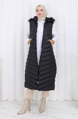 Lange Puffer Weste Mit Kapuze Und Reißverschluss 0178-01 Schwarz 0178-01