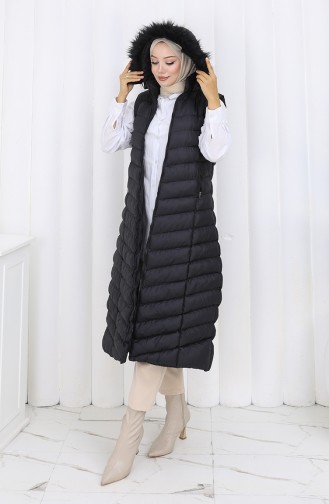Lange Puffer Weste Mit Kapuze Und Reißverschluss 0178-01 Schwarz 0178-01