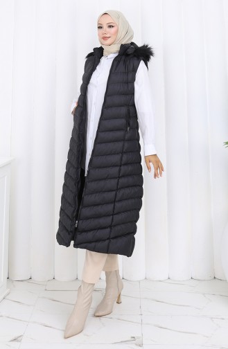 Lange Puffer Weste Mit Kapuze Und Reißverschluss 0178-01 Schwarz 0178-01