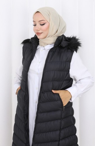 Lange Puffer Weste Mit Kapuze Und Reißverschluss 0178-01 Schwarz 0178-01