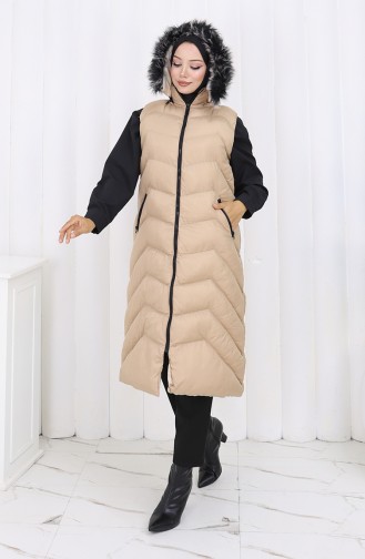 Gilet Long Matelassé à Capuche Et Fermeture éclair 0179-01 Beige 0179-01