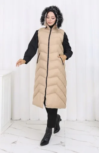 Hooded Zippered Puffer Long Vest 0179-01 Beige 0179-01