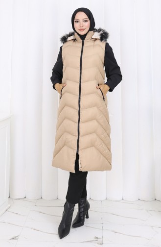 Gilet Long Matelassé à Capuche Et Fermeture éclair 0179-01 Beige 0179-01