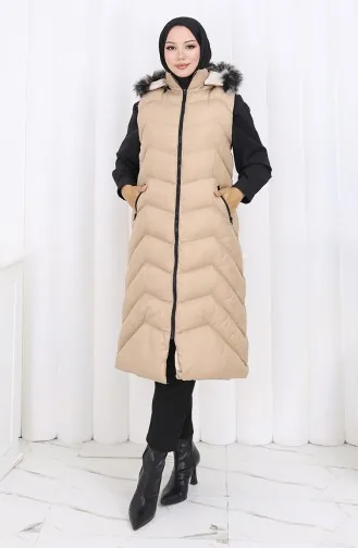 Hooded Zippered Puffer Long Vest 0179-01 Beige 0179-01