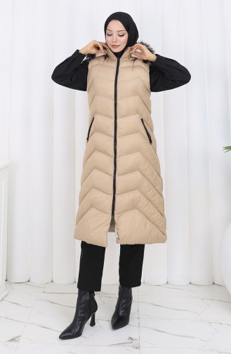 Gilet Long Matelassé à Capuche Et Fermeture éclair 0179-01 Beige 0179-01