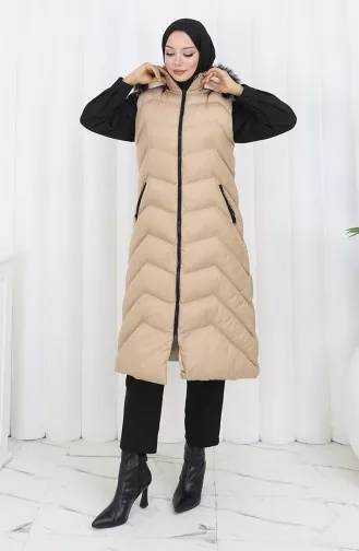Hooded Zippered Puffer Long Vest 0179-01 Beige 0179-01