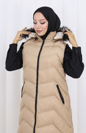 Gilet Long Matelassé à Capuche Et Fermeture éclair 0179-01 Beige 0179-01