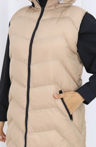 Gilet Long Matelassé à Capuche Et Fermeture éclair 0179-01 Beige 0179-01