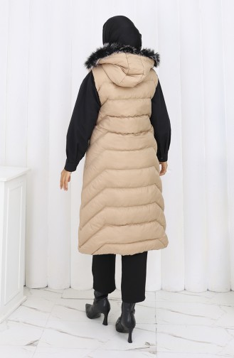 Gilet Long Matelassé à Capuche Et Fermeture éclair 0179-01 Beige 0179-01