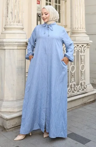 عباية جينز بأكمام مرنة وسحاب 0141A-01 أزرق 0141A-01