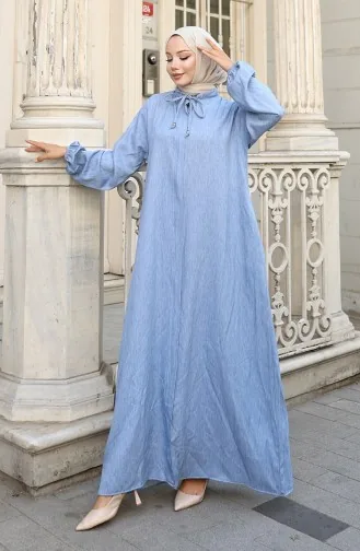 عباية جينز بأكمام مرنة وسحاب 0141A-01 أزرق 0141A-01