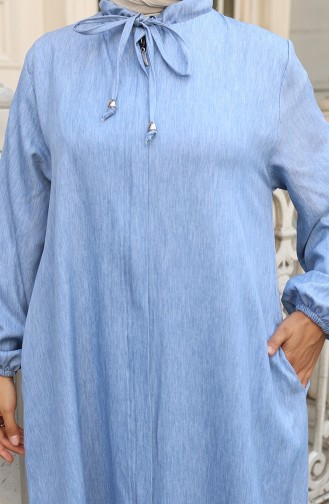 Abaya En Jean à Manches élastiques Et Fermeture éclair 0141A-01 Bleu 0141A-01