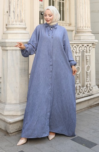 Elastic Sleeve Zippered Denim Abaya 0141A-02 Navy Blue 0141A-02