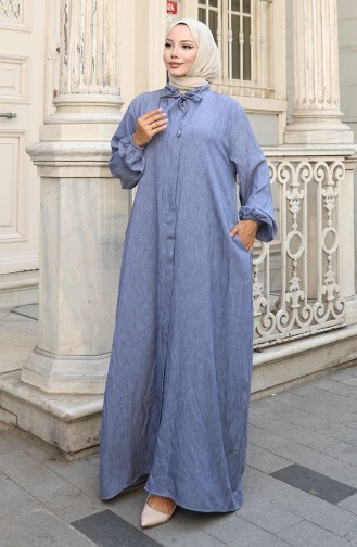 Elastic Sleeve Zippered Denim Abaya 0141A-02 Navy Blue 0141A-02