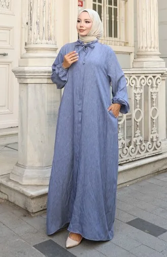 عباية جينز بأكمام مرنة وسحاب 0141A-02 أزرق داكن 0141A-02