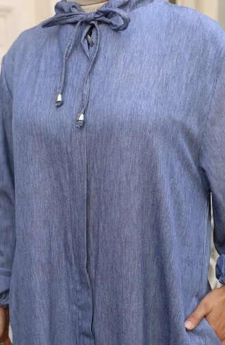 عباية جينز بأكمام مرنة وسحاب 0141A-02 أزرق داكن 0141A-02