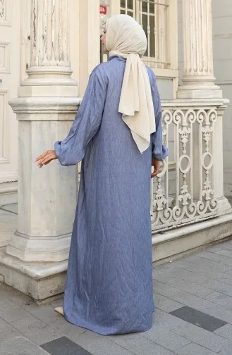 عباية جينز بأكمام مرنة وسحاب 0141A-02 أزرق داكن 0141A-02