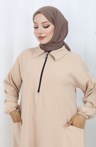 Double Kumaş Uzun Tunik Pantolon İkili Takım 0034-06 Bej