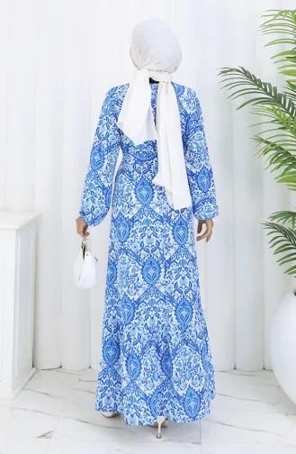 فستان منقوش بحزام 1002-01 ساكس 1002-01