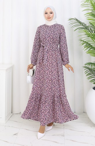 Robe Ceinturée à Motifs 1002A-01 Fuchsia 1002A-01
