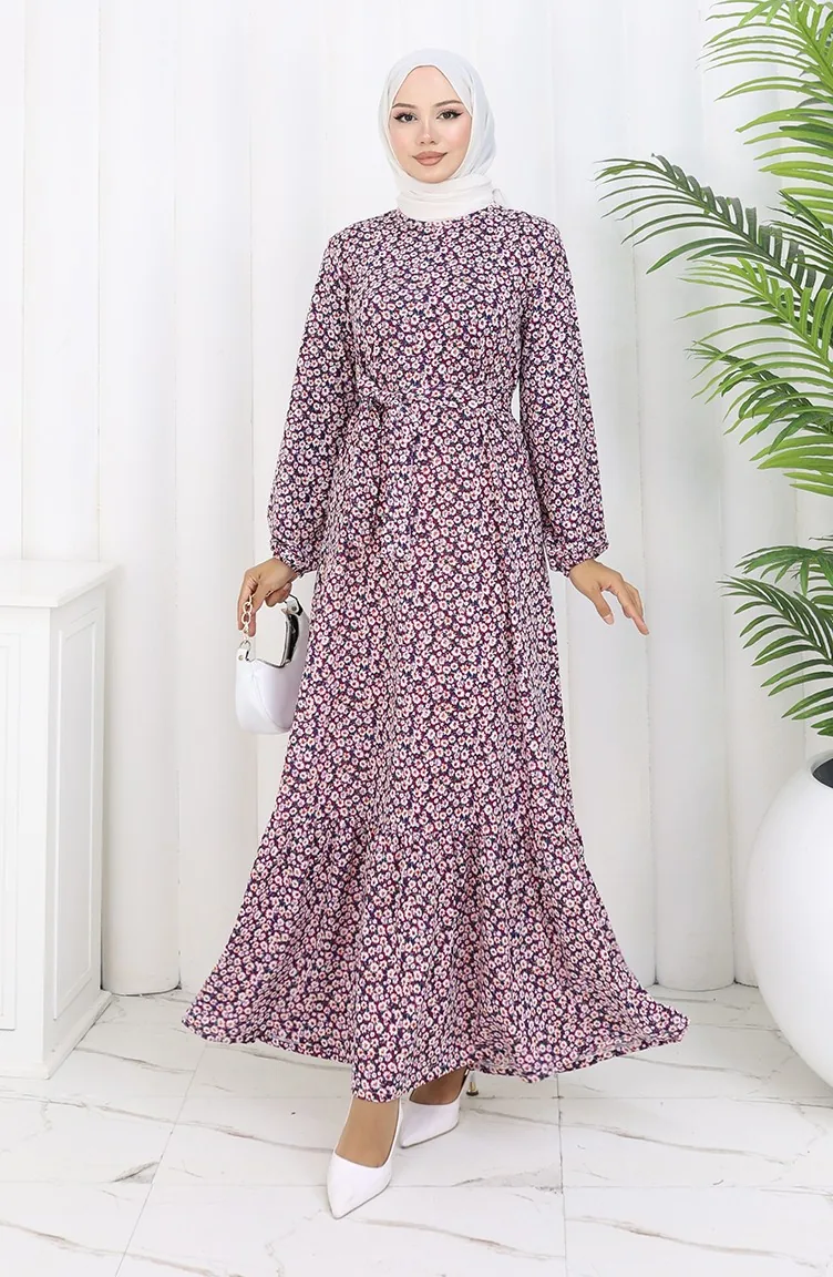 فستان منقوش بحزام 1002A-01 فوشيا 1002A-01
