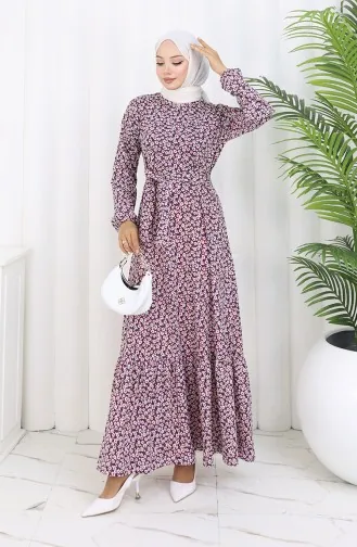 فستان منقوش بحزام 1002A-01 فوشيا 1002A-01