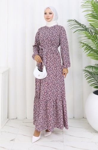 Robe Ceinturée à Motifs 1002A-01 Fuchsia 1002A-01