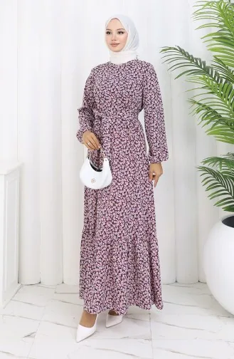 فستان منقوش بحزام 1002A-01 فوشيا 1002A-01