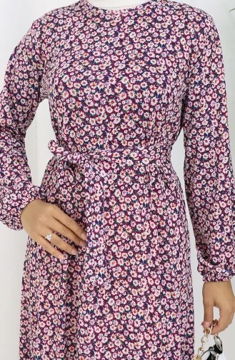 فستان منقوش بحزام 1002A-01 فوشيا 1002A-01