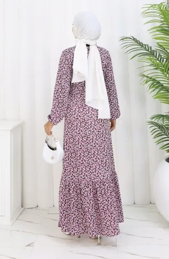 فستان منقوش بحزام 1002A-01 فوشيا 1002A-01