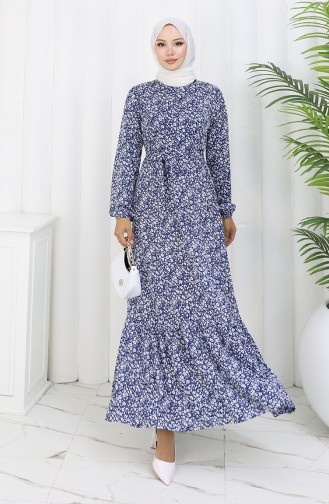 Robe Ceinturée à Motifs 1002B-01 Bleu Marine 1002B-01