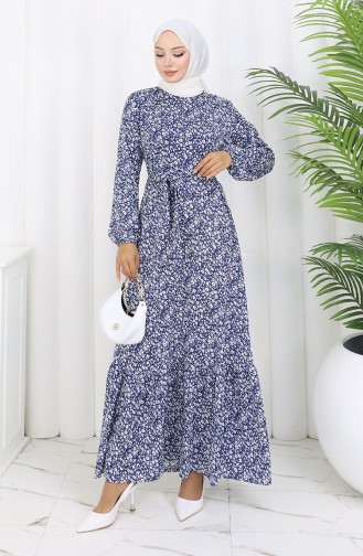 Robe Ceinturée à Motifs 1002B-01 Bleu Marine 1002B-01