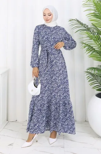 فستان منقوش بحزام 1002B-01 أزرق داكن 1002B-01