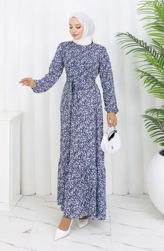 فستان منقوش بحزام 1002B-01 أزرق داكن 1002B-01