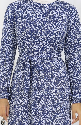 Robe Ceinturée à Motifs 1002B-01 Bleu Marine 1002B-01