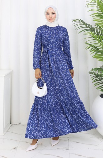 Robe Ceinturée à Motifs 1002C-01 Indigo 1002C-01
