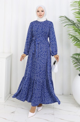 Robe Ceinturée à Motifs 1002C-01 Indigo 1002C-01