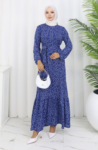 Robe Ceinturée à Motifs 1002C-01 Indigo 1002C-01