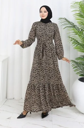 Robe Ceinturée à Motifs 1002D-01 Café Au Lait 1002D-01